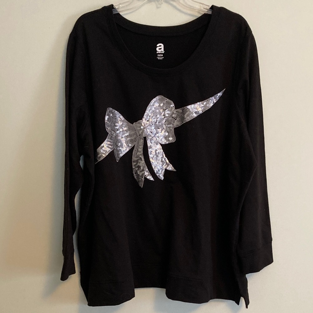 Avenue Black Crew Neck Sweater Top with Metallic Silver Sequins Bow